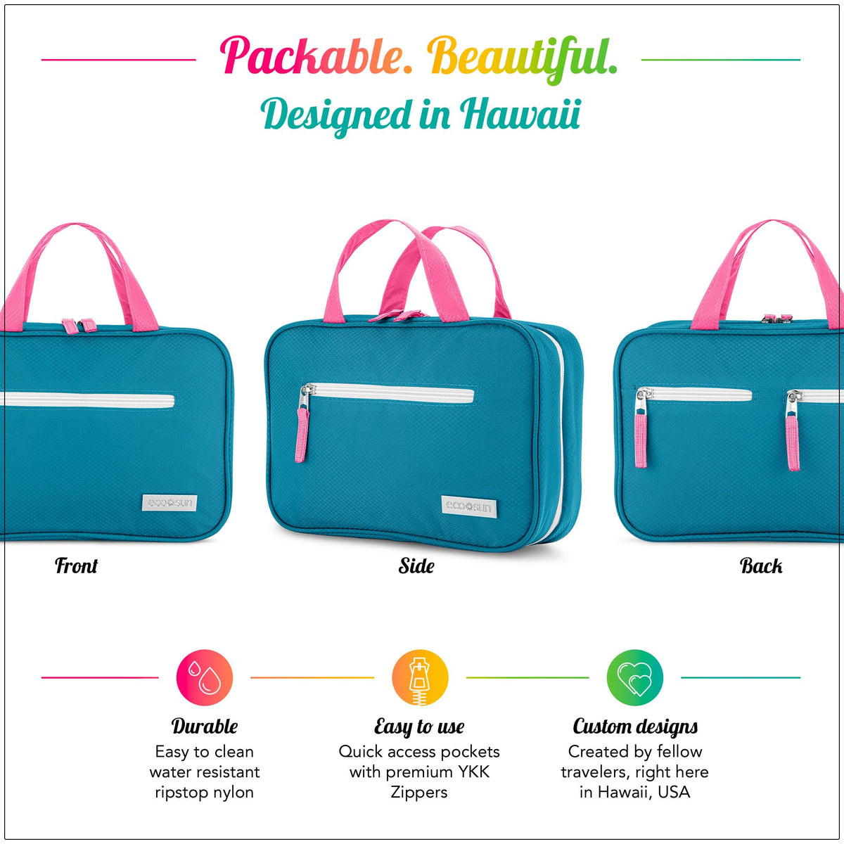 Eco Sun hot pink toiletry bag in use at gym or travel, organized.
