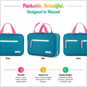 Eco Sun hot pink toiletry bag in use at gym or travel, organized.