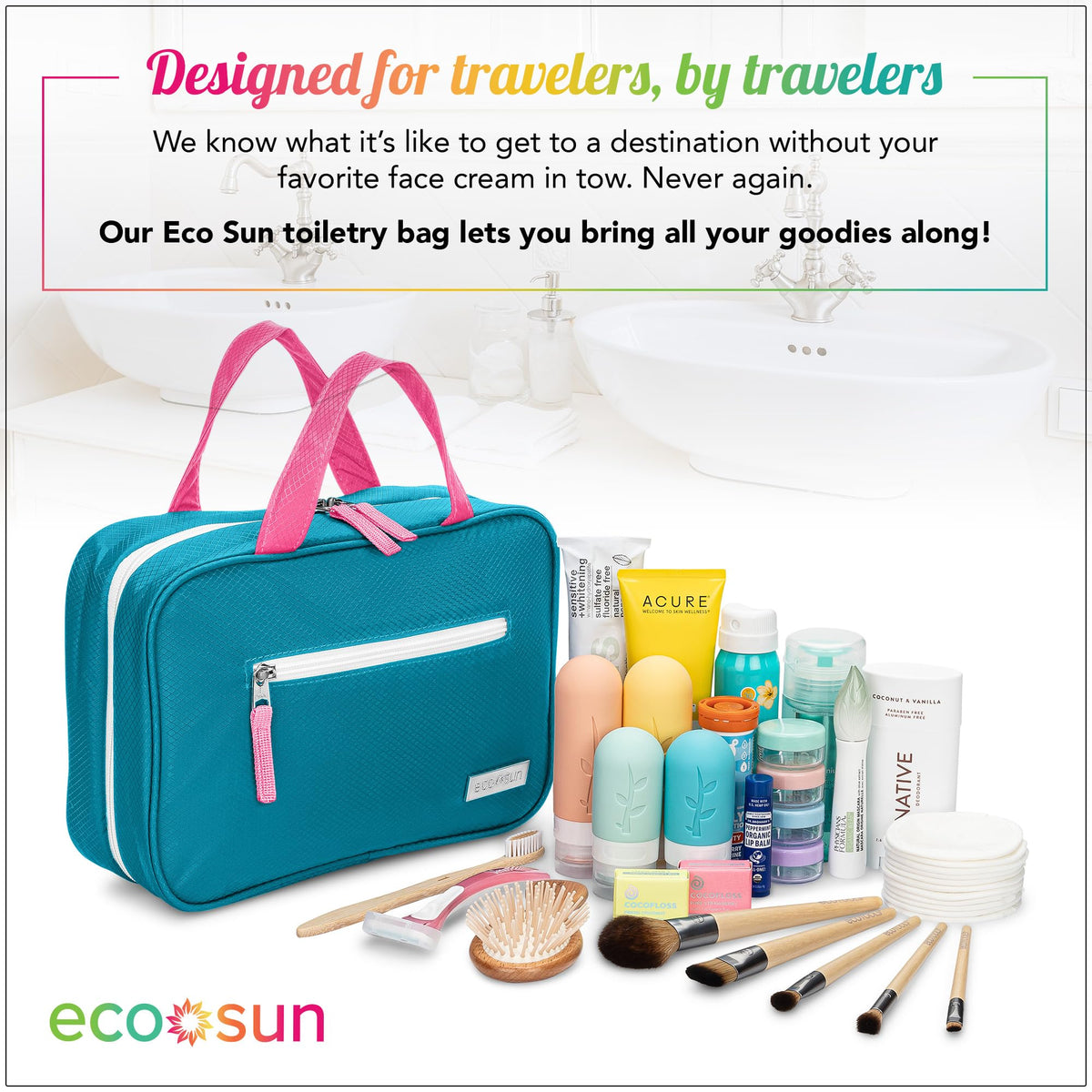 Eco Sun teal bag back view shows durable straps for secure attachment.