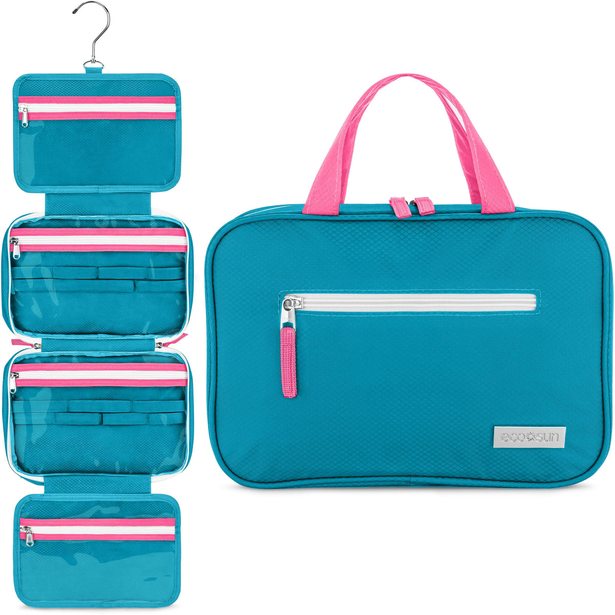 Eco Sun hanging toiletry bag in teal, front view, organized for easy travel access.