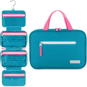 Eco Sun hanging toiletry bag in teal, front view, organized for easy travel access.