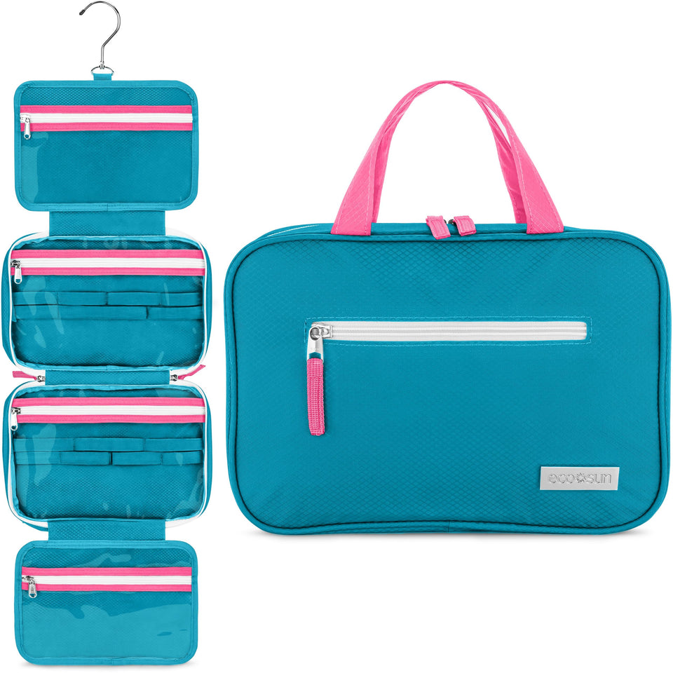 Eco Sun hanging toiletry bag in teal, front view, organized for easy travel access.
