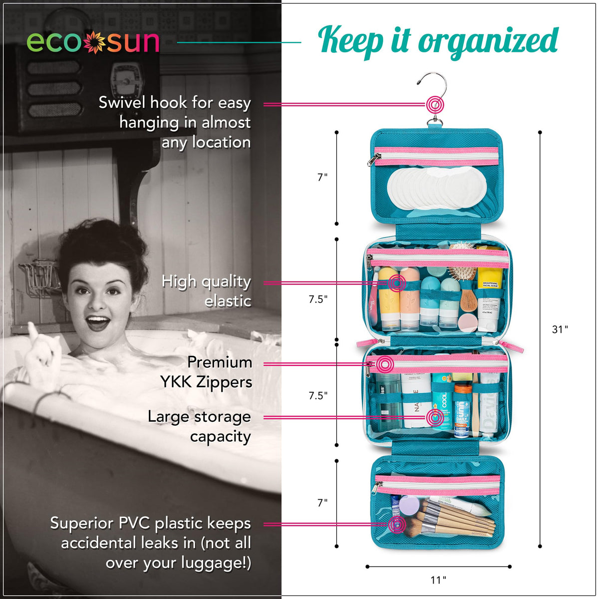 Eco Sun teal hanging hook design enables hands-free organization.