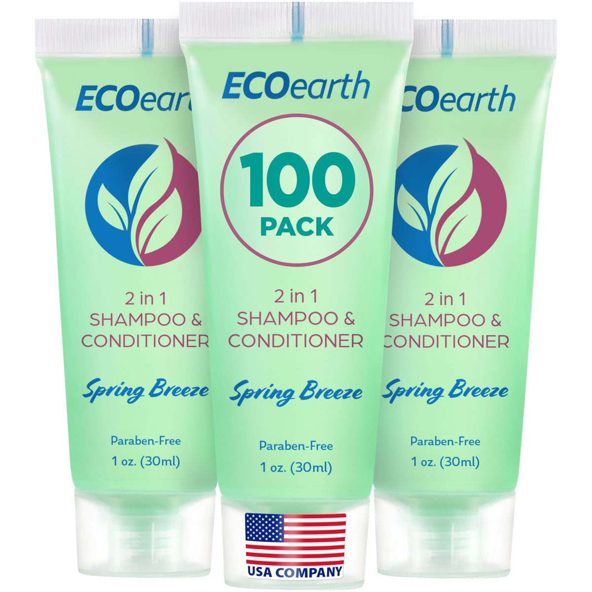 EcoEarth 2-in-1 shampoo conditioner bottle with Spring Breeze scent for refreshed guests.
