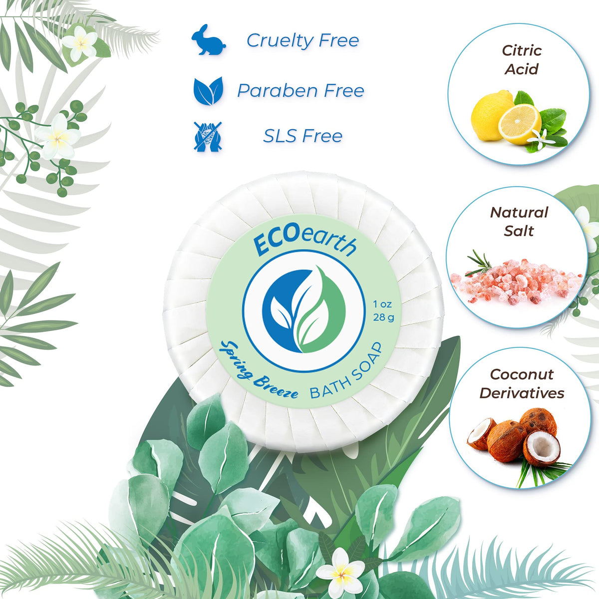EcoEarth round 1 oz soap bar for compact hotel toiletries.