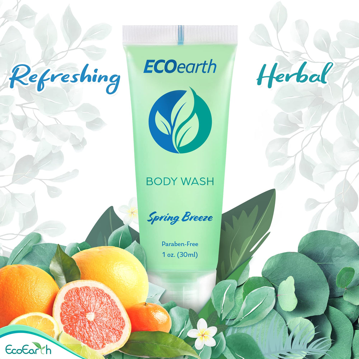 EcoEarth travel-size body wash bathroom setup with mini bottles for guest rooms.