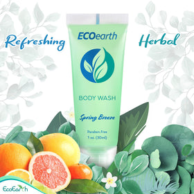 EcoEarth travel-size body wash bathroom setup with mini bottles for guest rooms.
