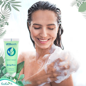 EcoEarth travel-size body wash bulk 100-bottle assembly, cost-efficient hotel toiletries.