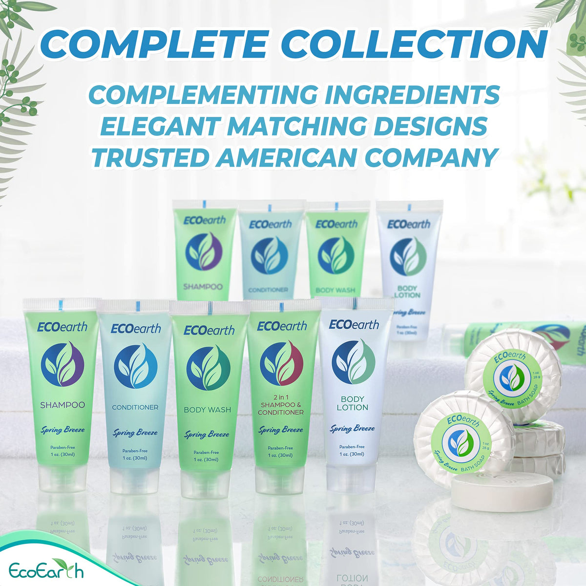 EcoEarth travel-size body wash bulk packaging, leak-proof design for easy replenishment.