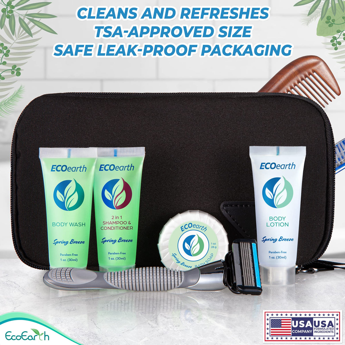 EcoEarth travel-size body wash for guest use with spa-like Spring Breeze scent.