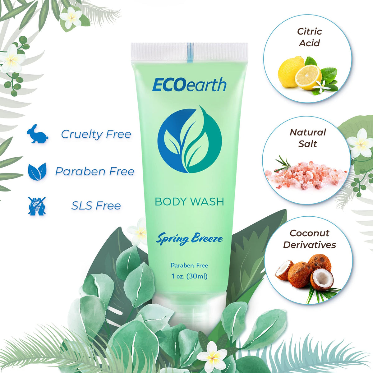 EcoEarth travel-size body wash Spring Breeze label, premium branding for guest-room amenities.