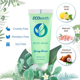 EcoEarth travel-size body wash Spring Breeze label, premium branding for guest-room amenities.