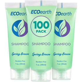 EcoEarth 1oz travel-size shampoo bottle in guest bathroom.