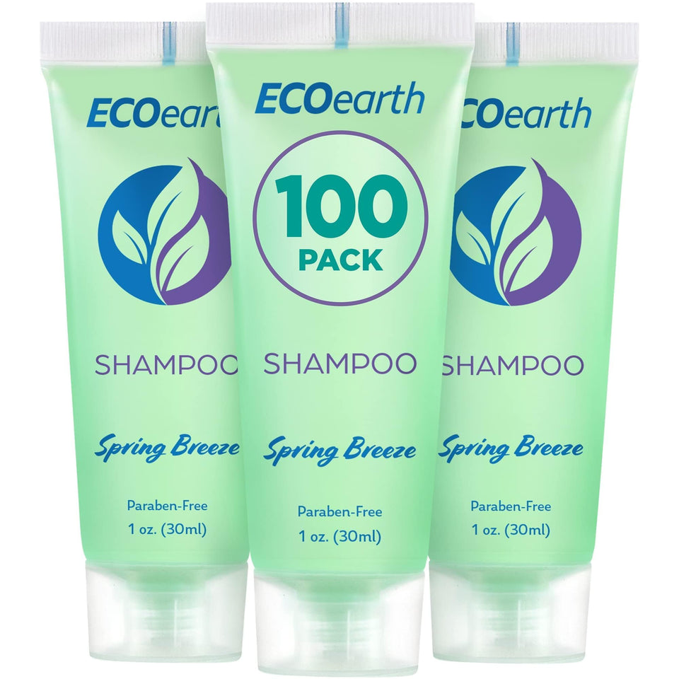 EcoEarth 1oz travel-size shampoo bottle in guest bathroom.