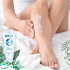 EcoEarth lotion on a hotel bathroom shelf inviting pampering