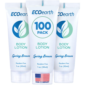 EcoEarth travel size lotion 1oz bottle in hotel bathroom for guest comfort