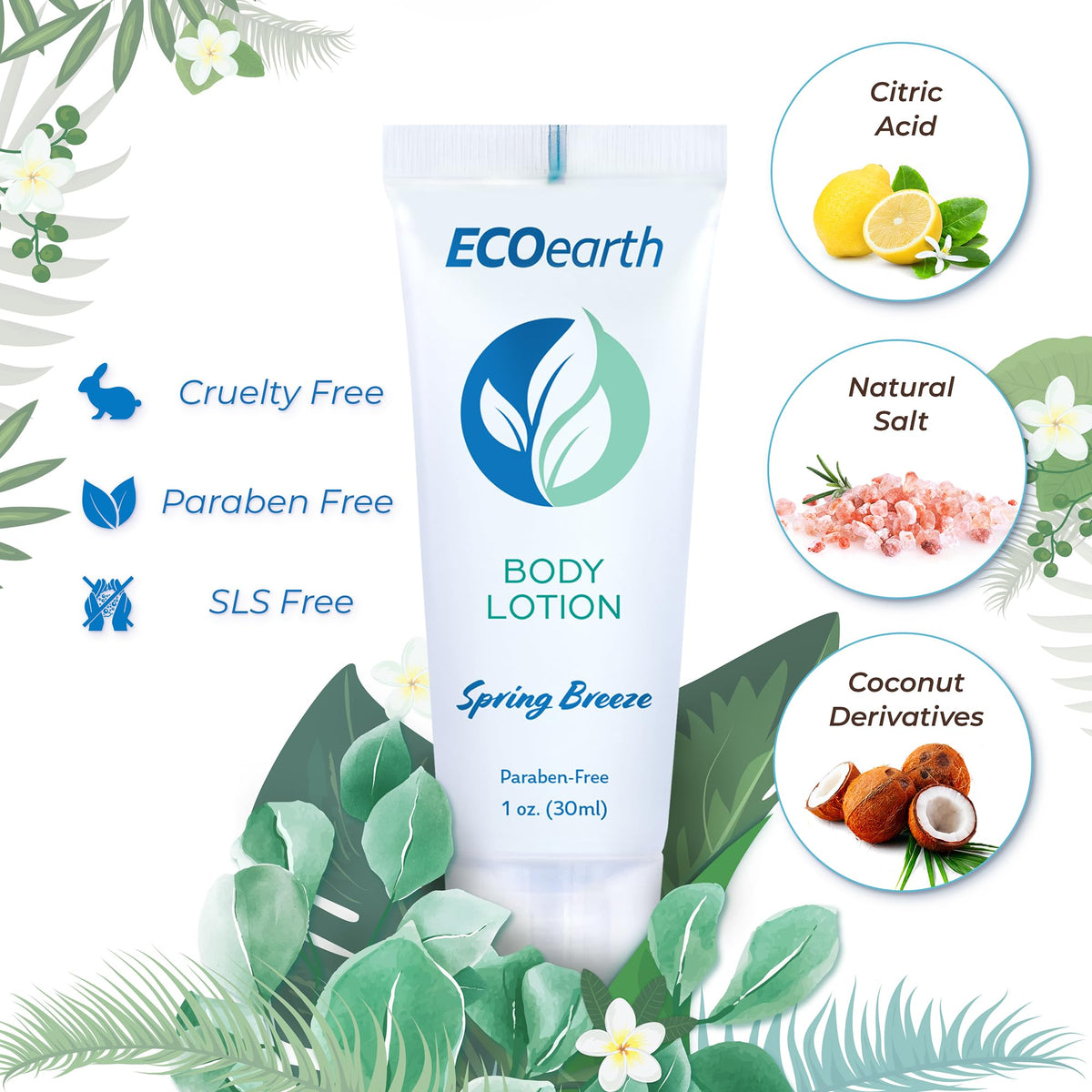 EcoEarth Spring Breeze packaging highlighting leak-proof, TSA-approved travel lotion