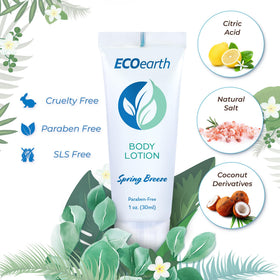 EcoEarth Spring Breeze packaging highlighting leak-proof, TSA-approved travel lotion