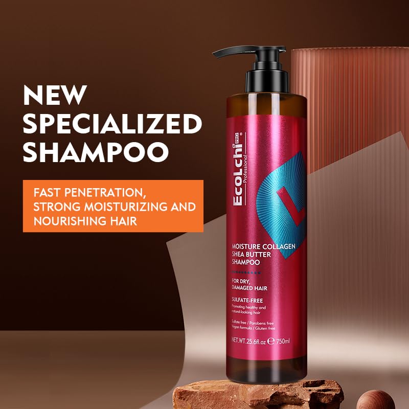 ECOLCHIPRO collagen shea butter shampoo rich lather closeup on hair.