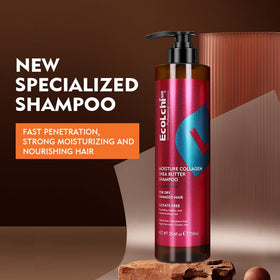 ECOLCHIPRO collagen shea butter shampoo rich lather closeup on hair.