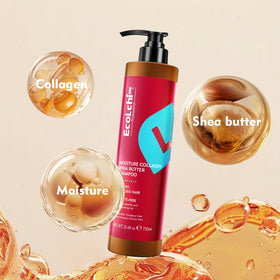 ECOLCHIPRO collagen shea butter shampoo packaging closeup shows natural ingredients.