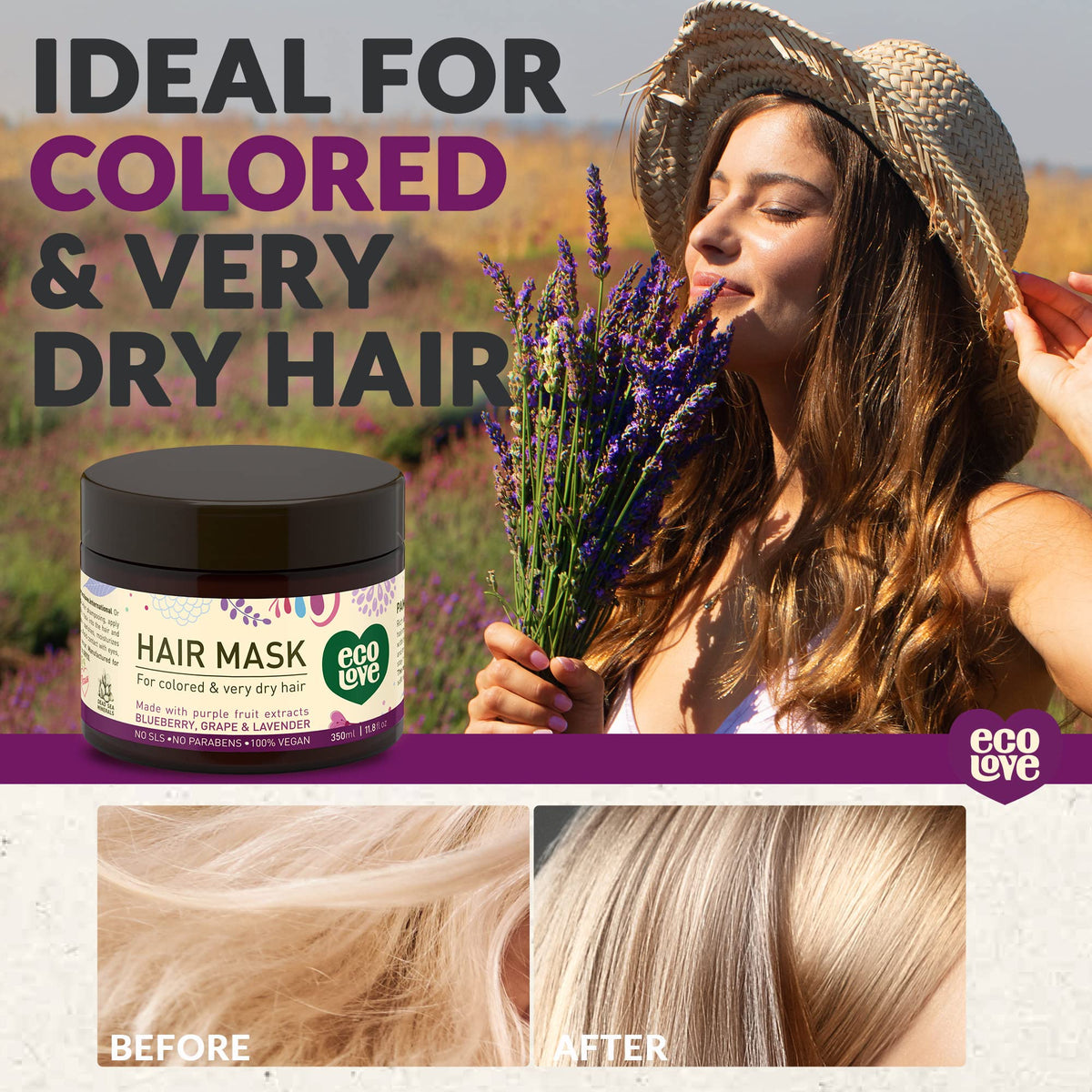 ecoLove hair mask texture close-up shows creamy deep-conditioning formula