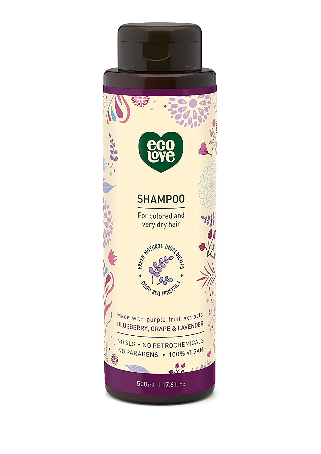 ecoLove Purple Collection bottle front highlighting color-treated hair suitability