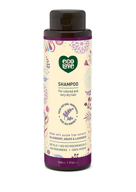 ecoLove Purple Collection bottle front highlighting color-treated hair suitability