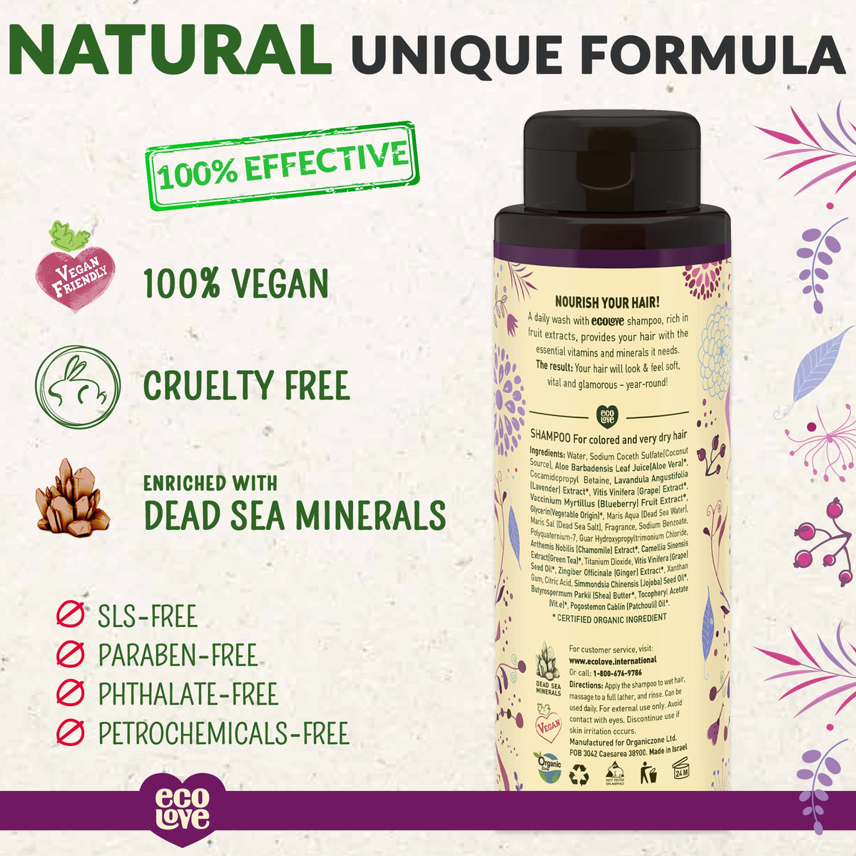 ecoLove Purple Collection bottle pour showing a gentle, SLS-free formula