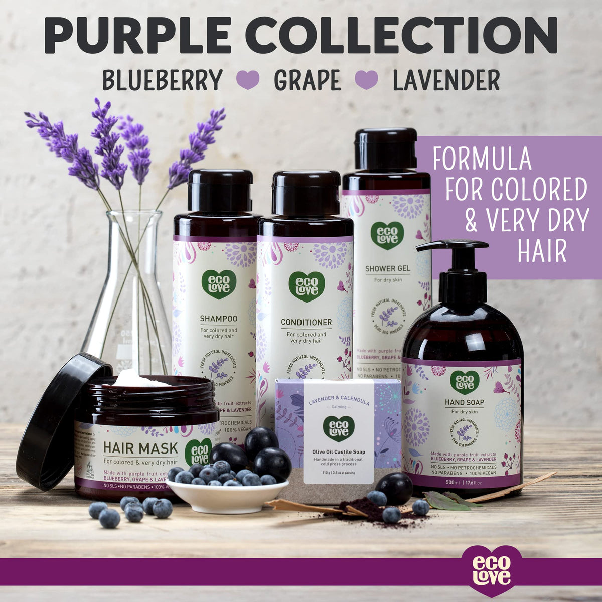 ecoLove Purple Collection hair application shot conveying softness and moisture