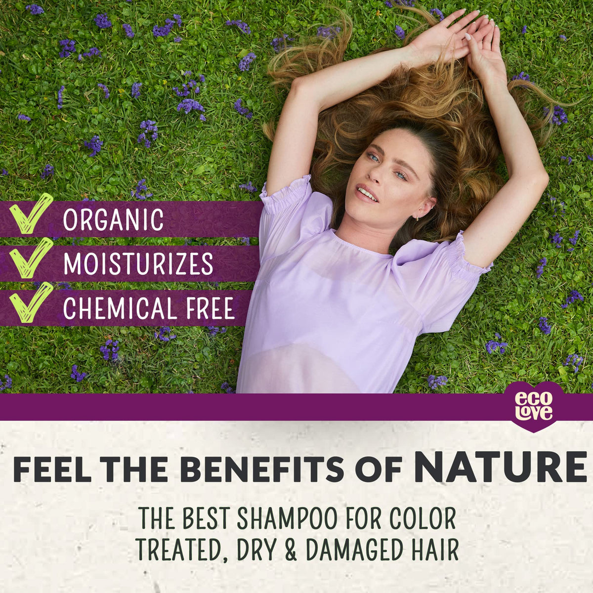 ecoLove Purple Collection label detail featuring organic ingredients and Dead Sea minerals