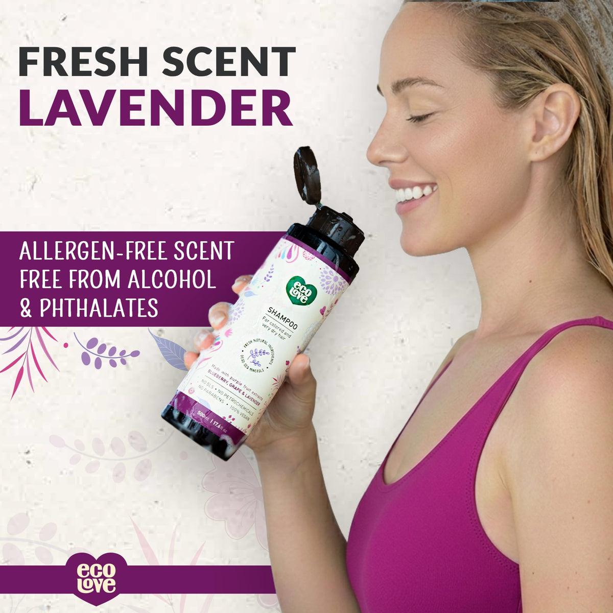 ecoLove Purple Collection packaging box emphasizing natural, vegan-friendly branding