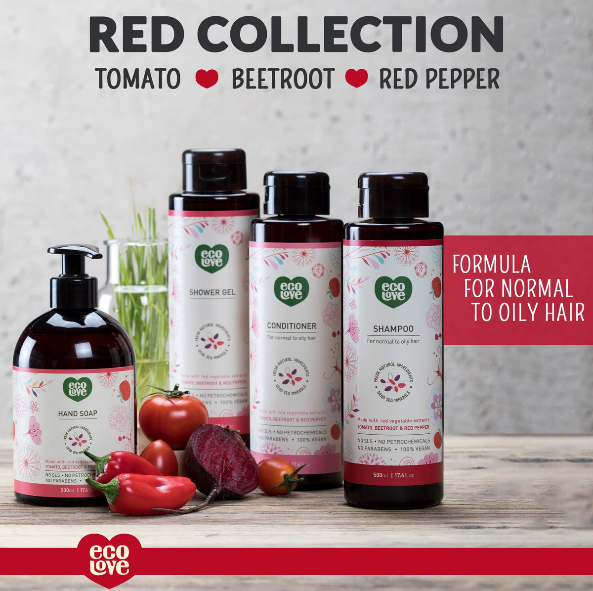 ecoLove Red Collection on bathroom shelf with natural light.