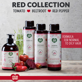 ecoLove Red Collection on bathroom shelf with natural light.