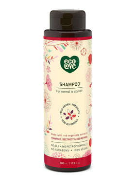 ecoLove Red Collection shampoo bottle with tomato extract for balanced scalp.