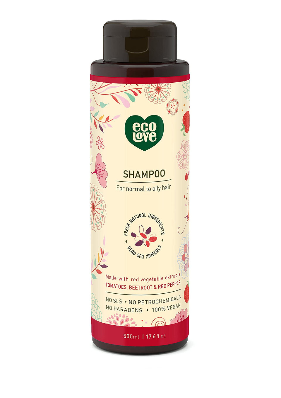 ecoLove Red Collection shampoo bottle with tomato extract for balanced scalp.