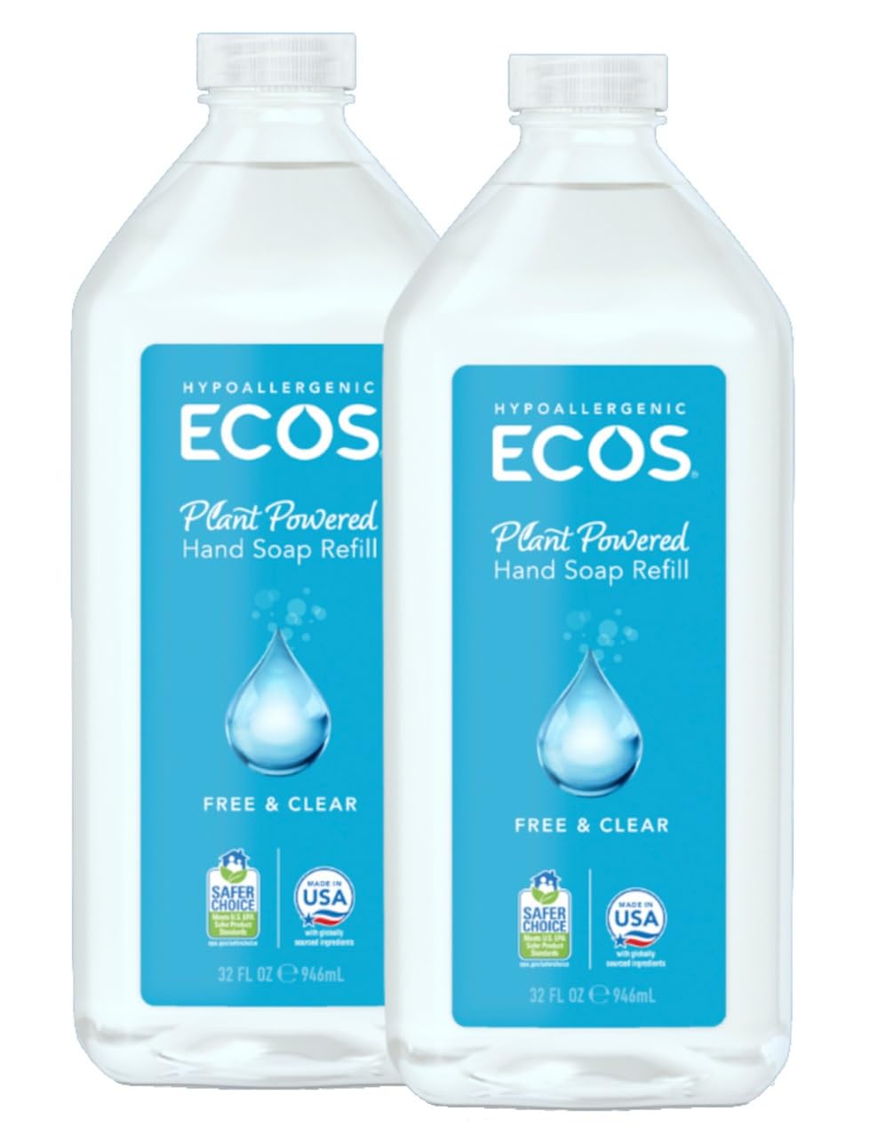ECOS Free & Clear refill hand soap bottle pouring to support eco-friendly refills.
