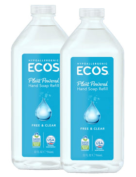 ECOS Free & Clear refill hand soap bottle pouring to support eco-friendly refills.