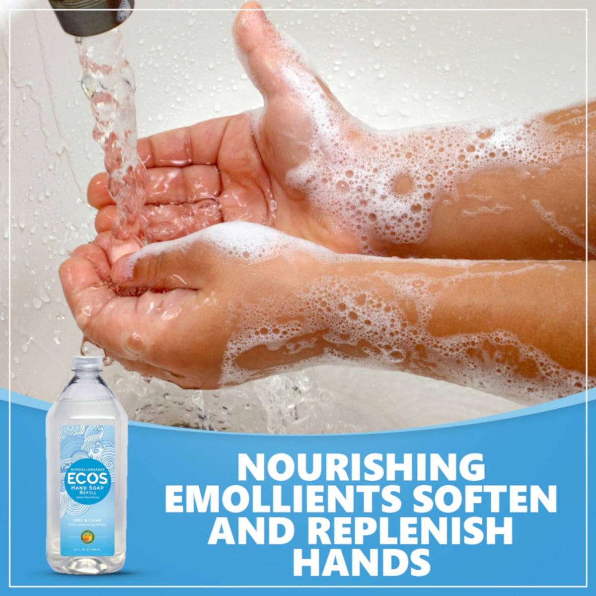 Hands after washing with ECOS hand soap showing rich, silky lather.