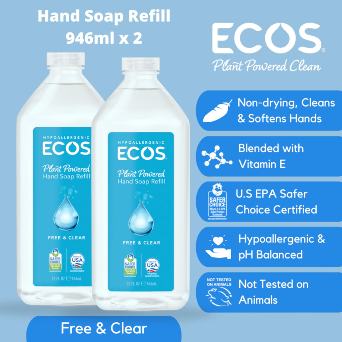 ECOS Free & Clear hypoallergenic formula with dye- and perfume-free claim.