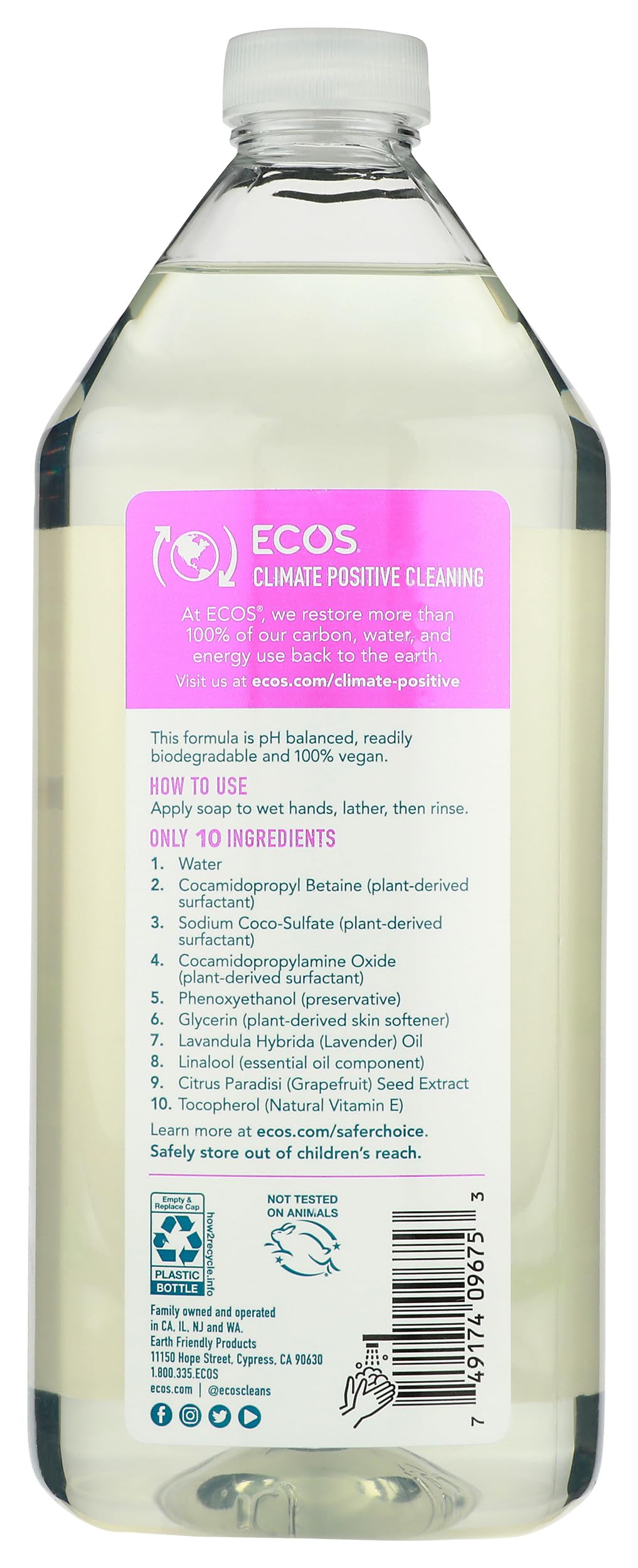 ECOS Lemongrass soap bottle label closeup shows plant-based, non-toxic formula.