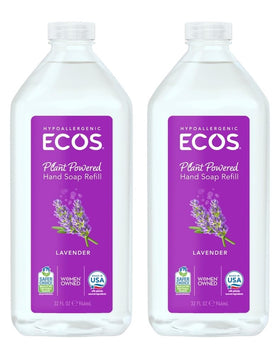 ECOS Lavender Hand Soap Refill bottle with 2 pack highlights plant based cleansing