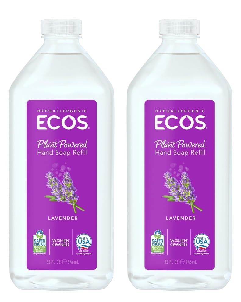 ECOS Lavender Hand Soap Refill bottle with 2 pack highlights plant based cleansing