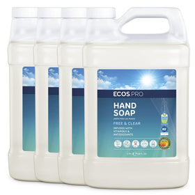 ECOS PRO hand soap refill bulk gallon being poured into a dispenser for easy refills.