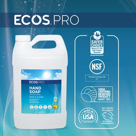 ECOS PRO unscented Free & Clear hand soap label on bottle for restrooms.