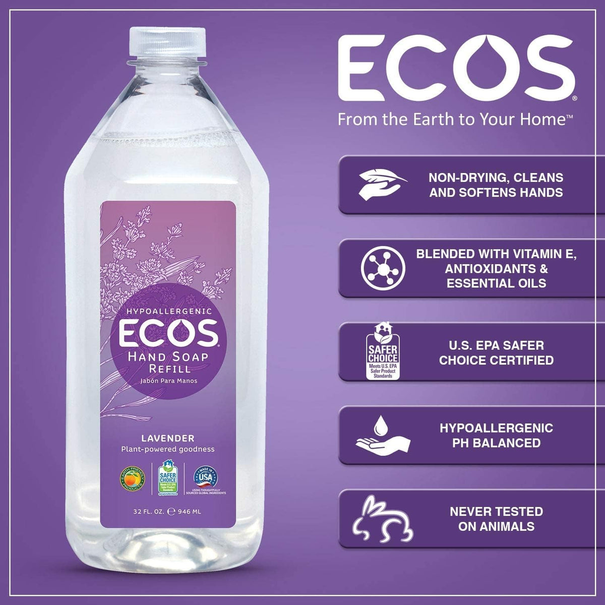 ECOS Lavender Hand Soap Refill features Vitamin E nourishing hands