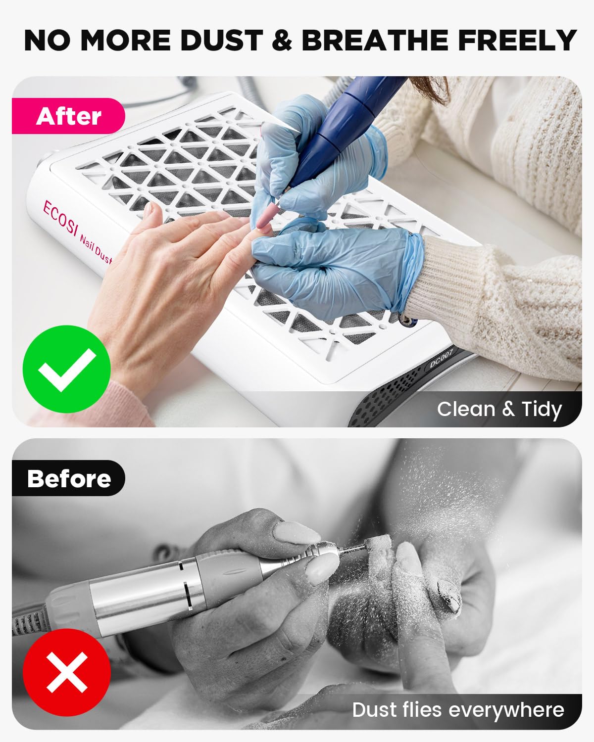 ECOSI nail dust collector side vent highlights optimized airflow during sessions.