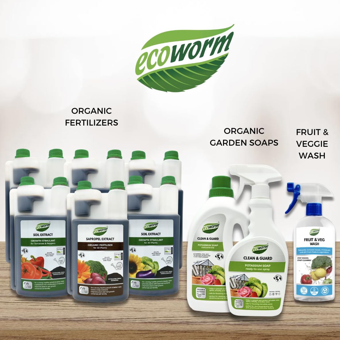 Ecoworm leaf cleaner spray applied to plant leaves for dust removal.