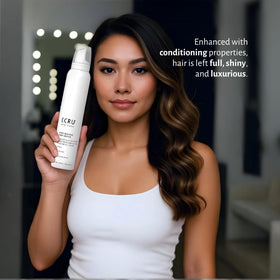 ECRU New York hair-styling mousse demonstrates volumizing benefits for fine hair.