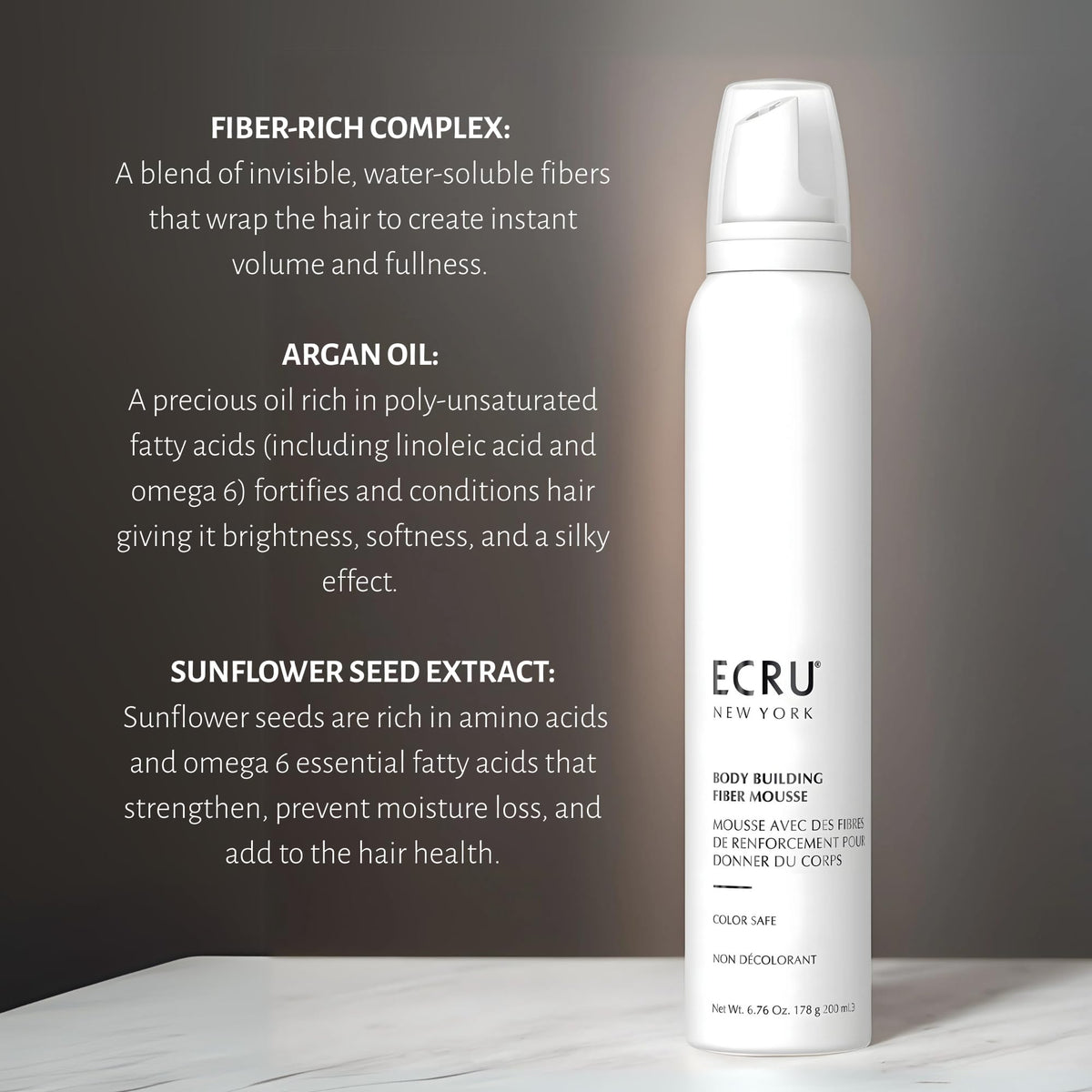 ECRU New York volume-mousse on hair illustrates lift and definition throughout day.